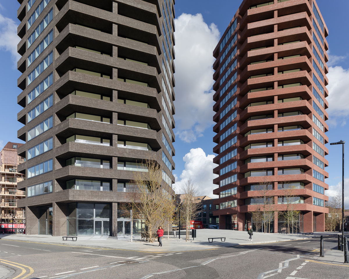 Two impressive hexagonal towers in London with facing bricks NATURE10 Brick E and Brick S 